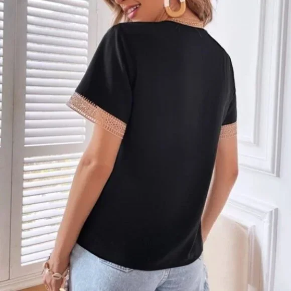 Bohemian V-neck Lace Solid Minimalist Blouse BlacK - Picture 3 of 6